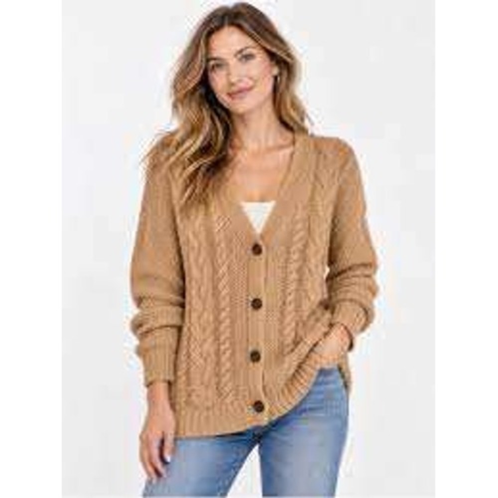 Quince Women Small Chunky Cable Knit Cardigan Sweater Brown V-Neck Oversized